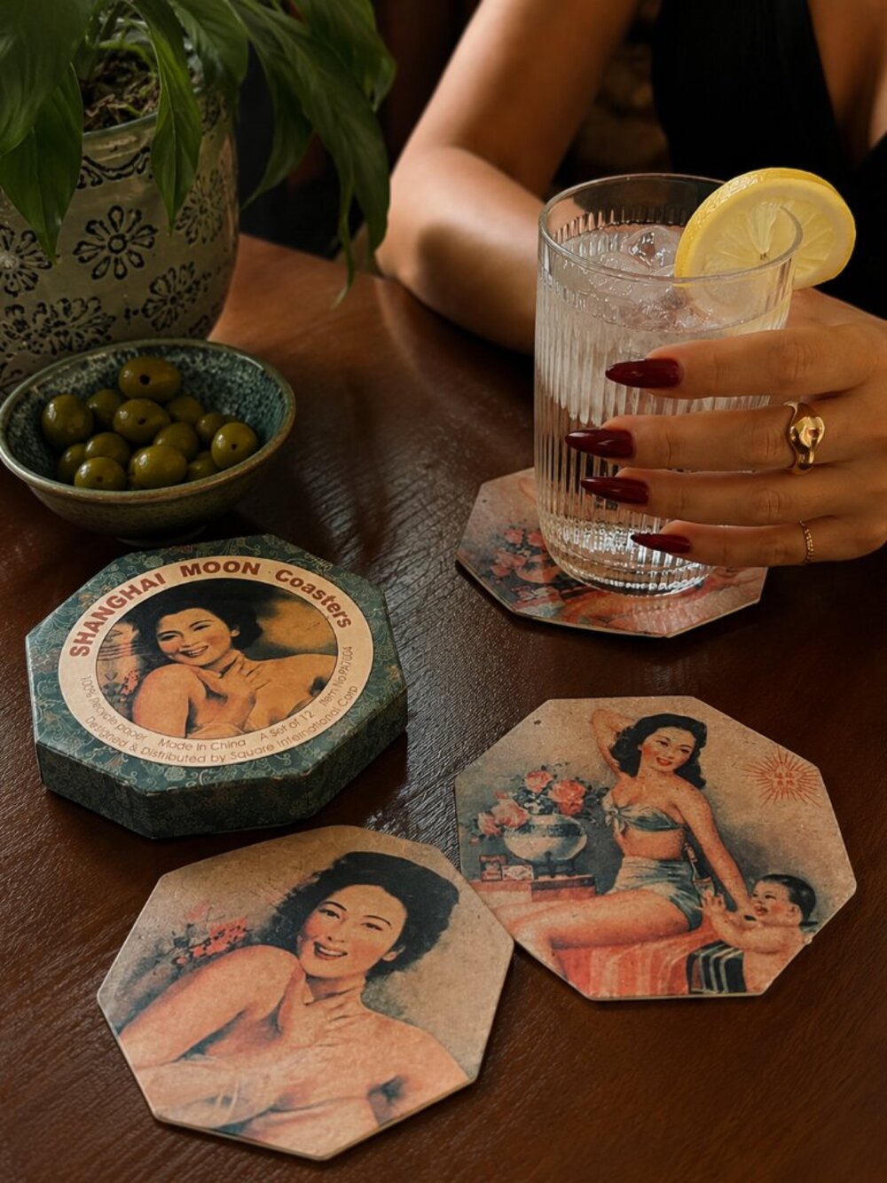 VINTAGE SHANGHAI MOON CHINESE POSTER ART RECYCLED PAPER COASTERS | SET | NEW